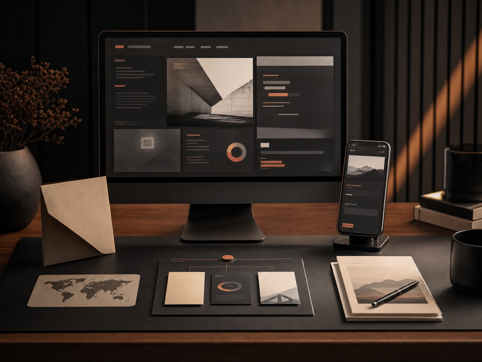 Website design workspace showing a responsive desktop and mobile layout