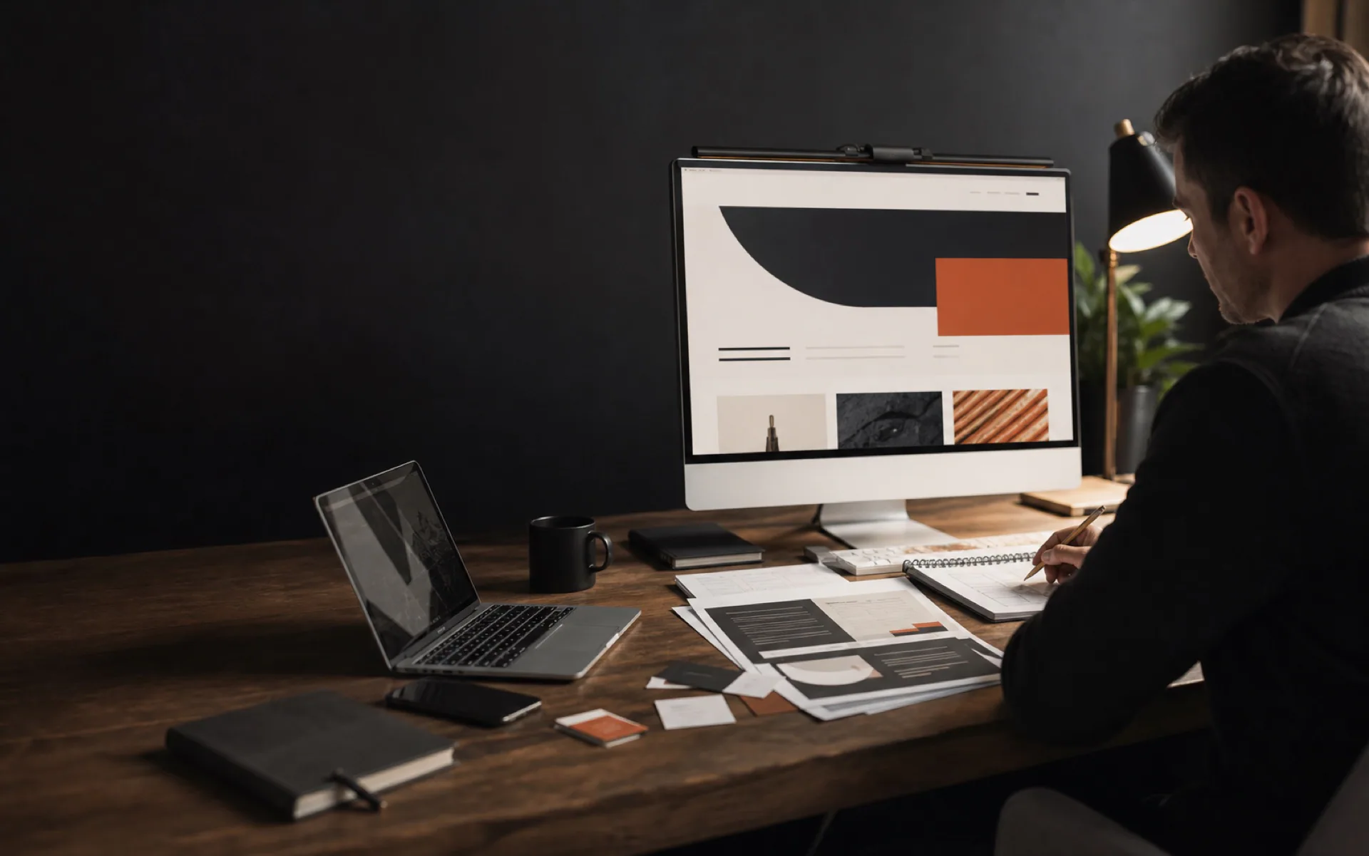A designer shaping a polished business website in a professional studio