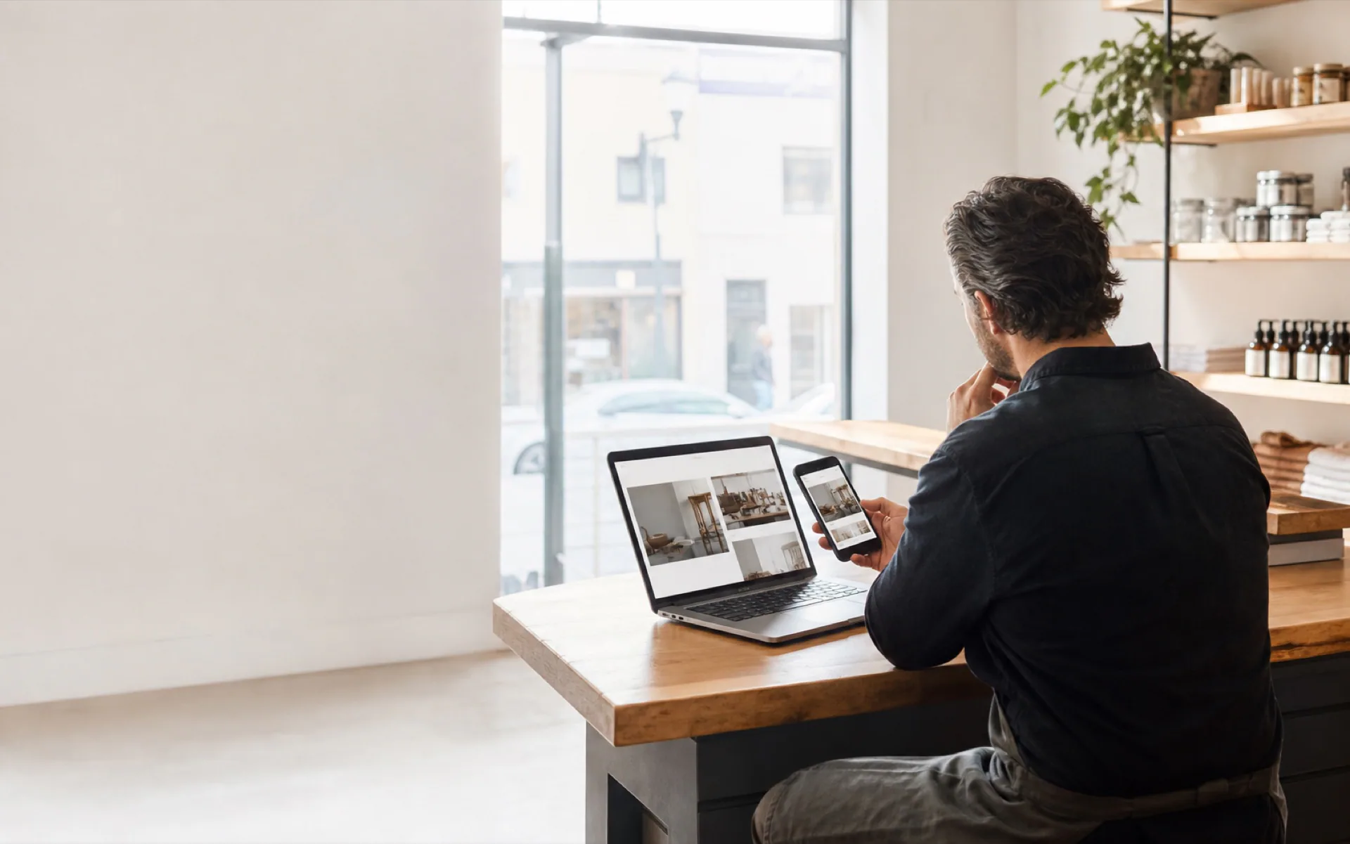 A local business owner reviewing her online presence on a laptop and phone