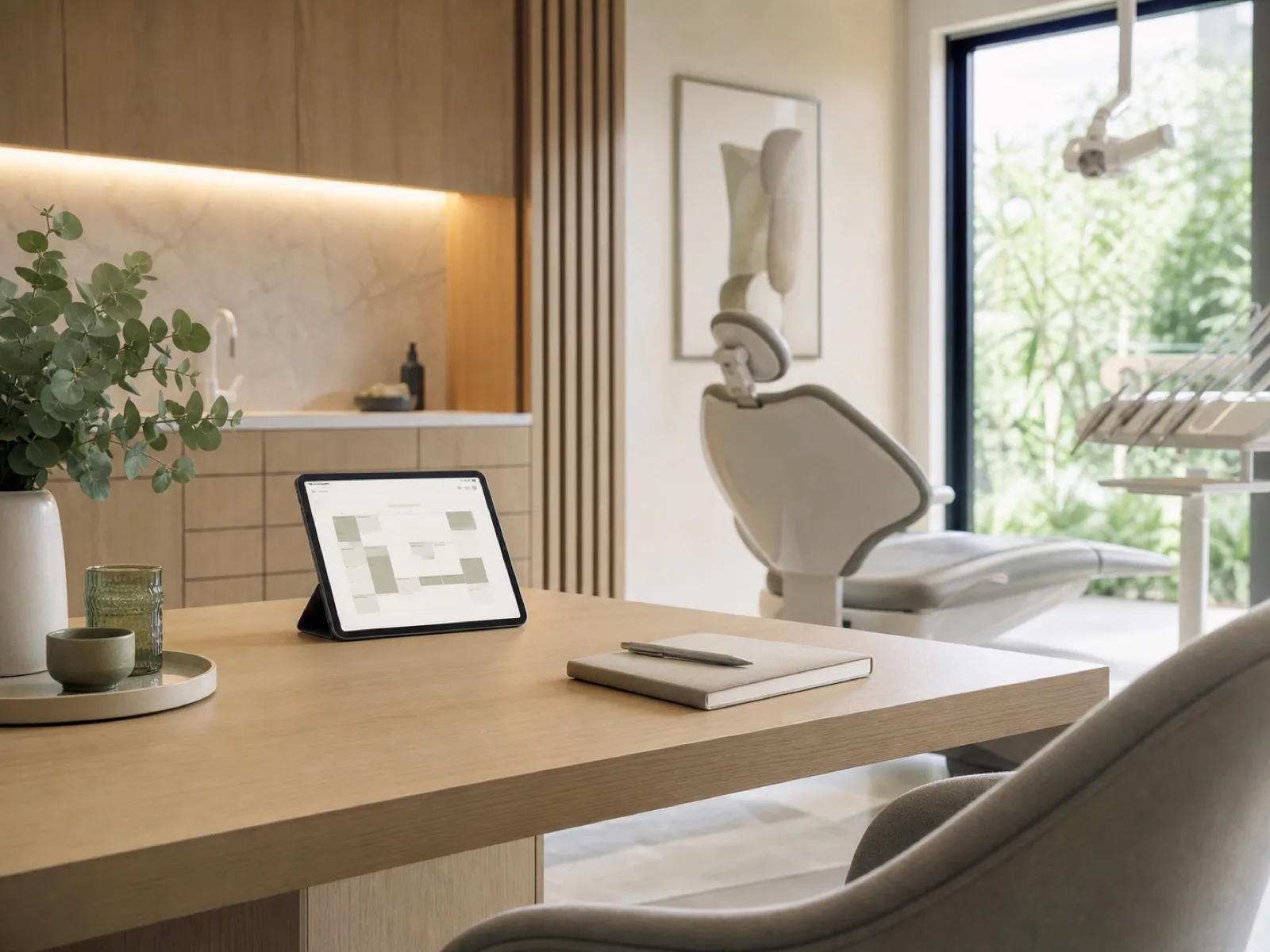 Modern dental consultation room with appointment planning tablet