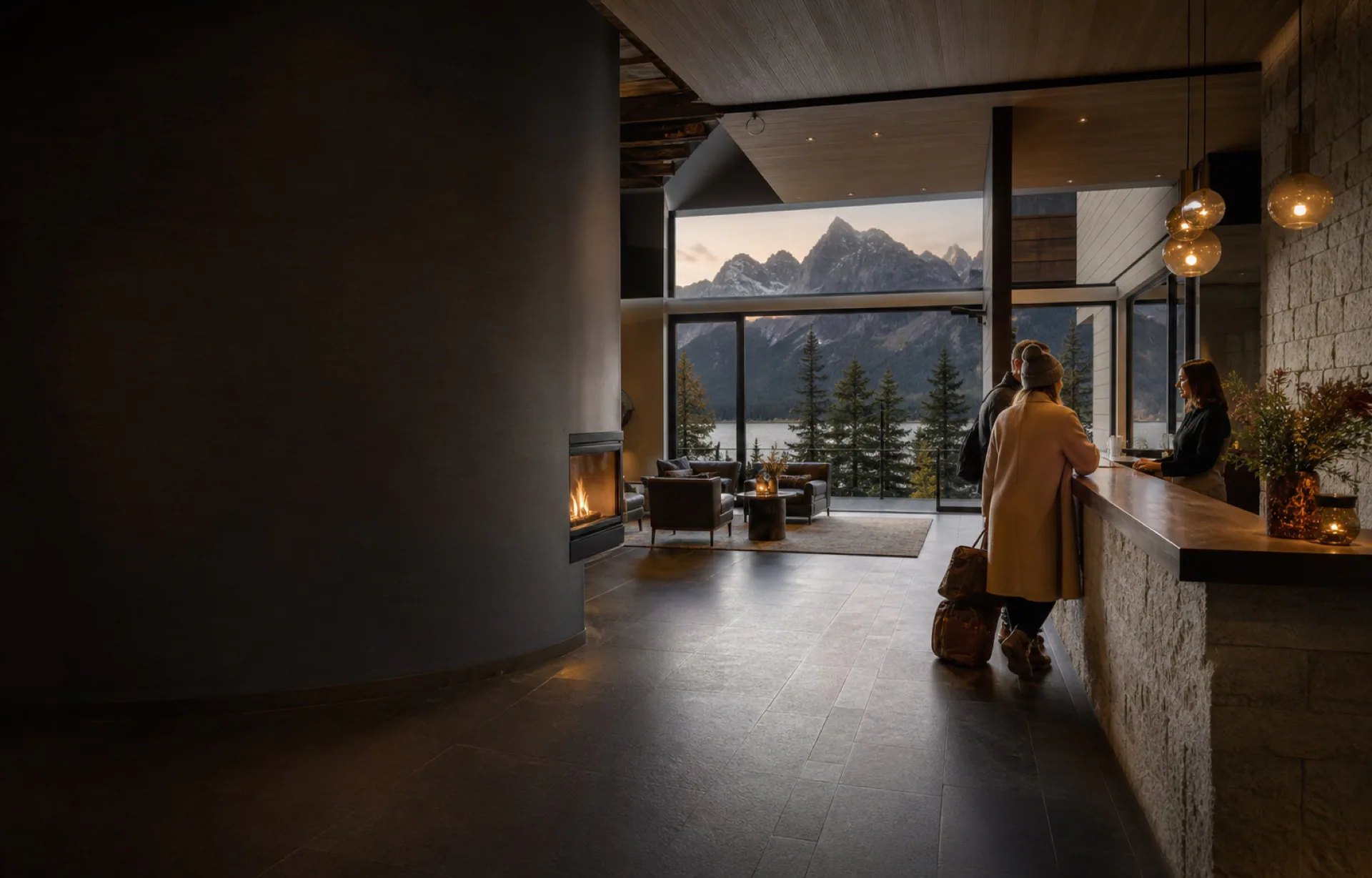 Boutique Canadian hotel lobby overlooking a mountain landscape