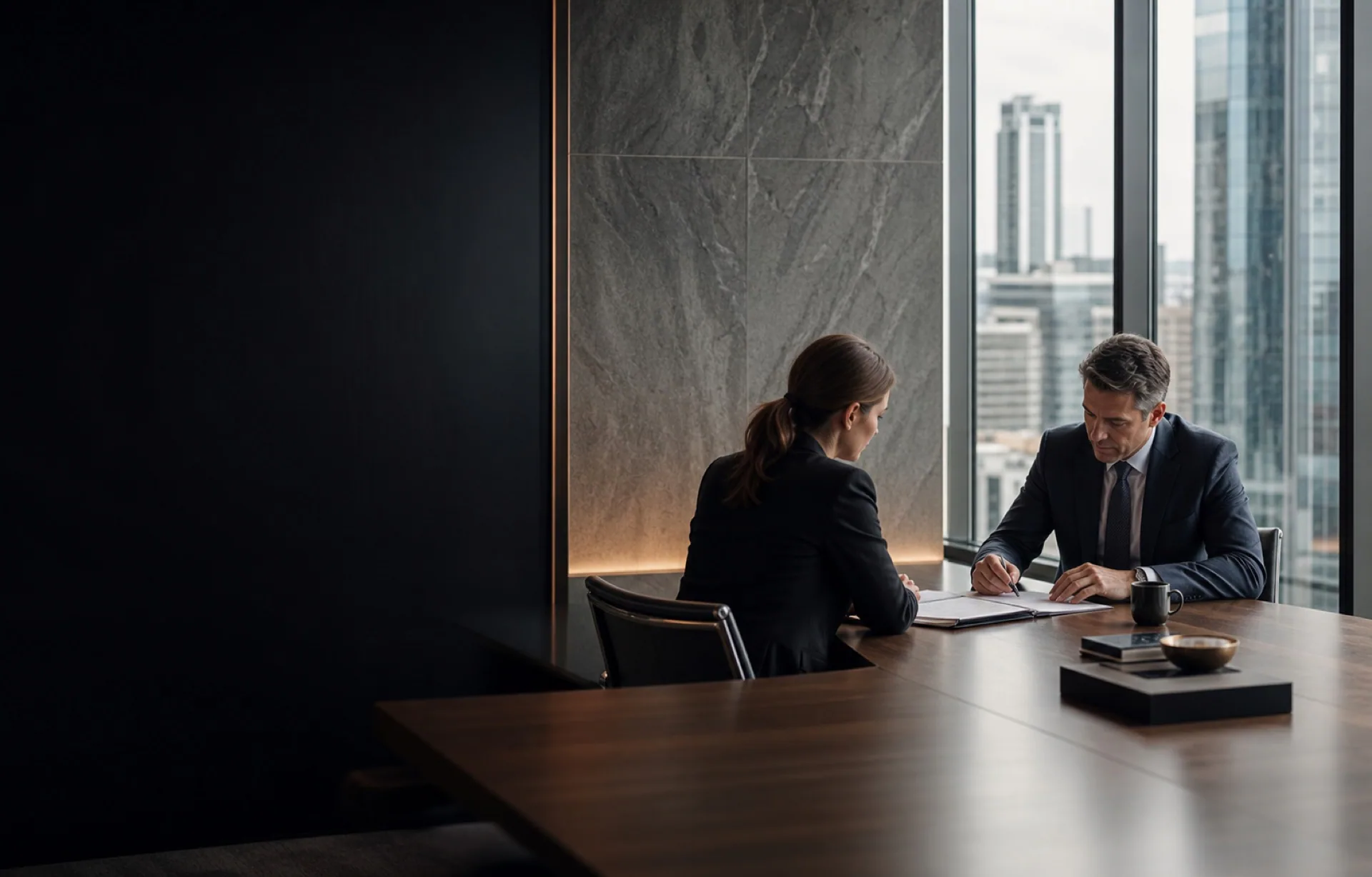 Legal professionals meeting in a refined Canadian law office