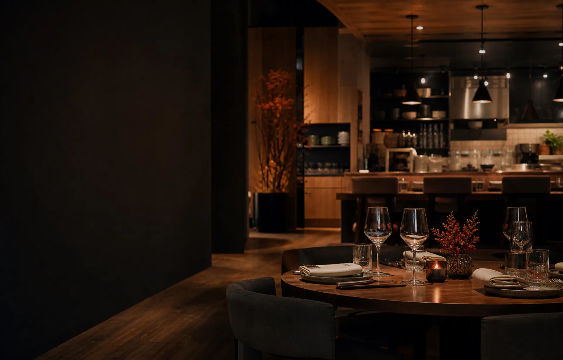 Warm contemporary restaurant dining room in Canada