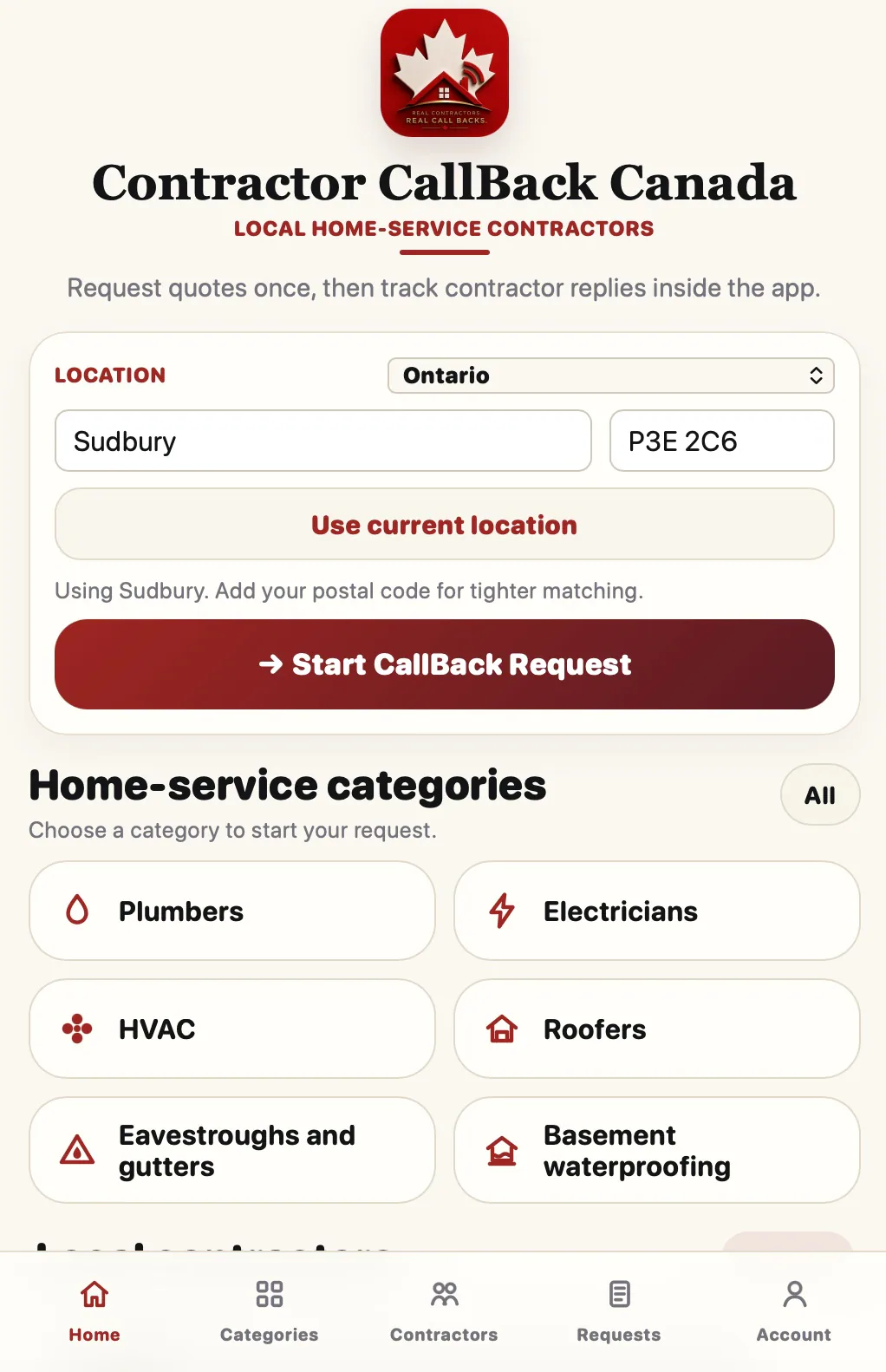 Contractor Callback Canada mobile platform